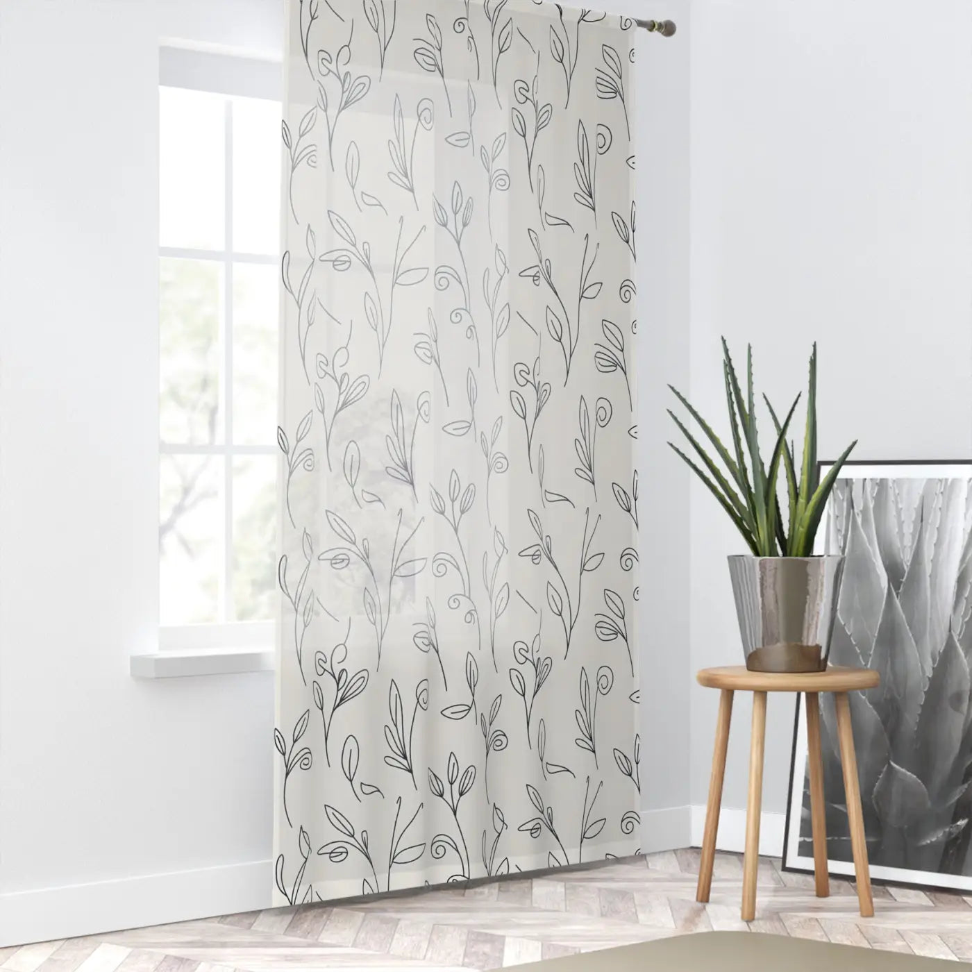 Botanical Window Curtain - Gray Vine Pattern Sheer Magic Light - DipaliZ