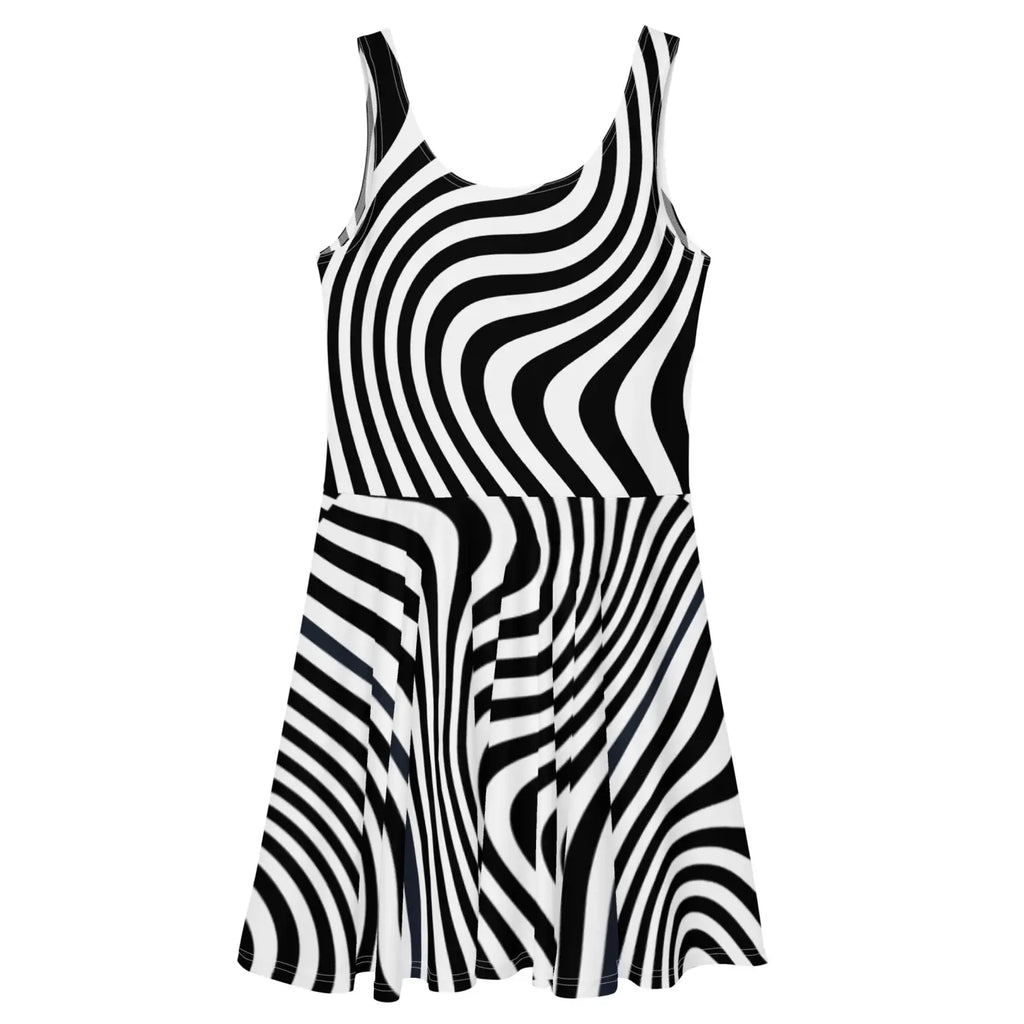 Skater Dress White Wavy Stripes Bold Pattern - DipaliZ