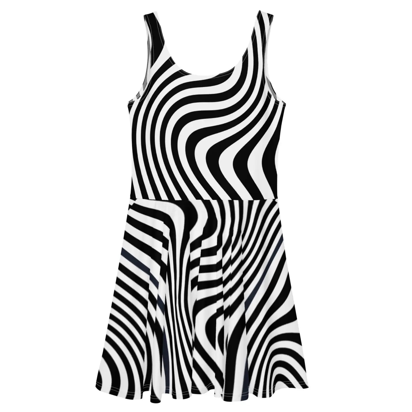 Skater Dress White Wavy Stripes Bold Pattern - DipaliZ