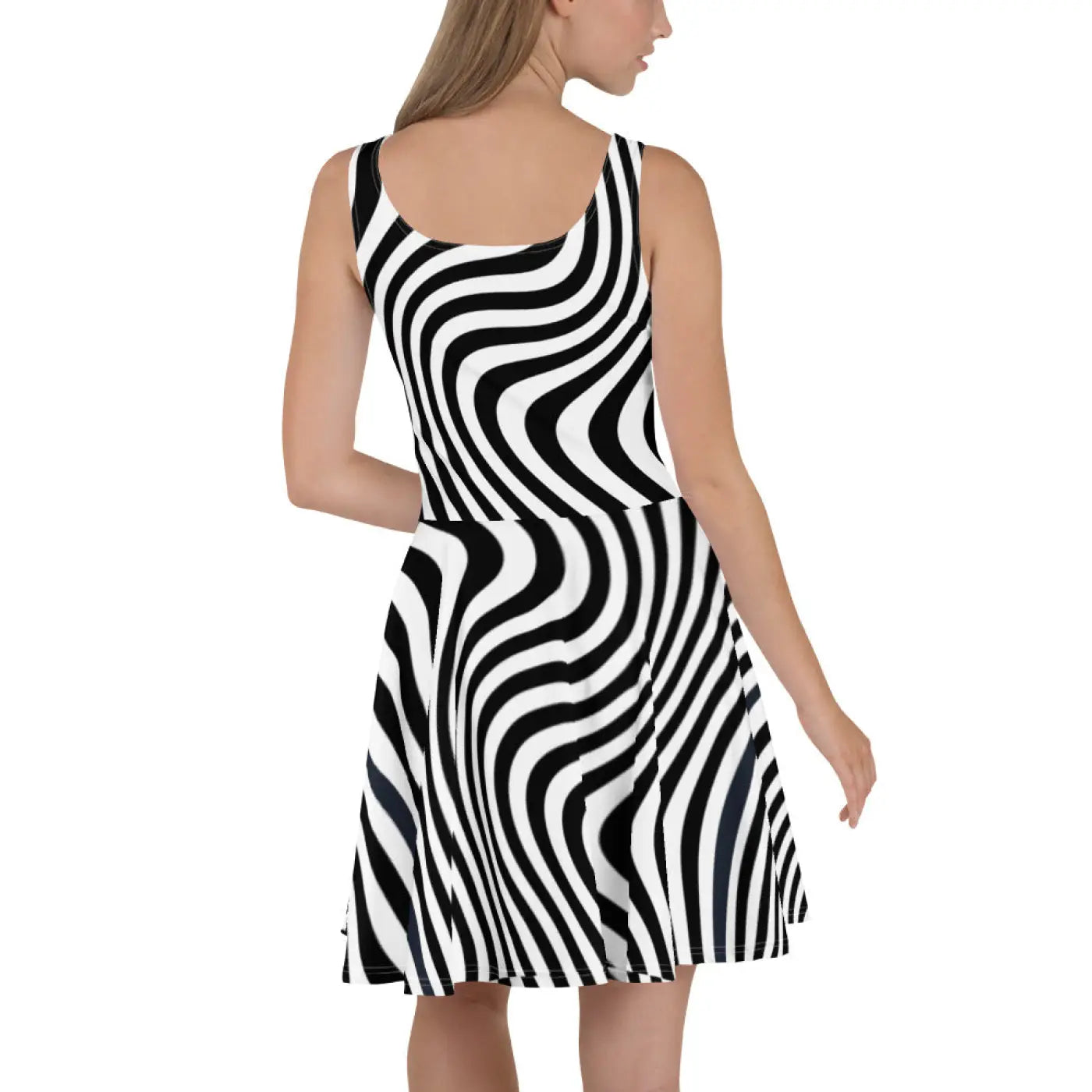 Skater Dress White Wavy Stripes Bold Pattern - DipaliZ