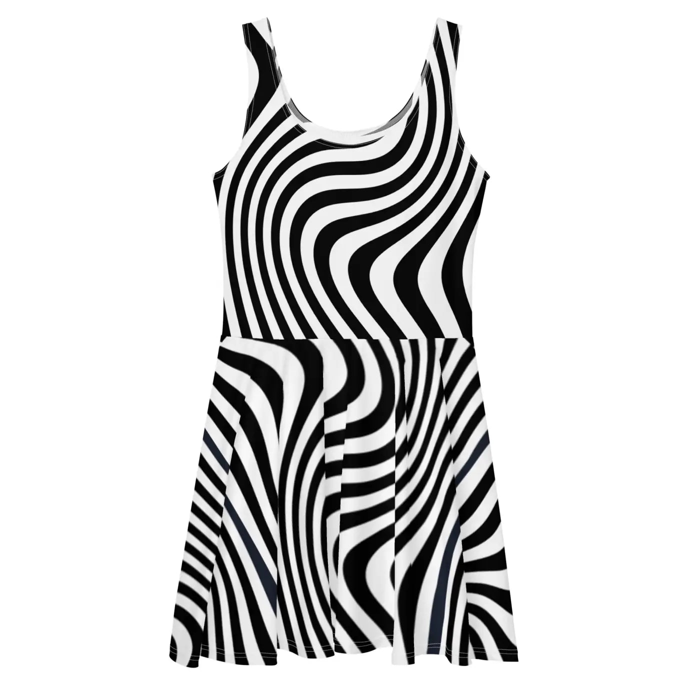 Skater Dress White Wavy Stripes Bold Pattern - DipaliZ