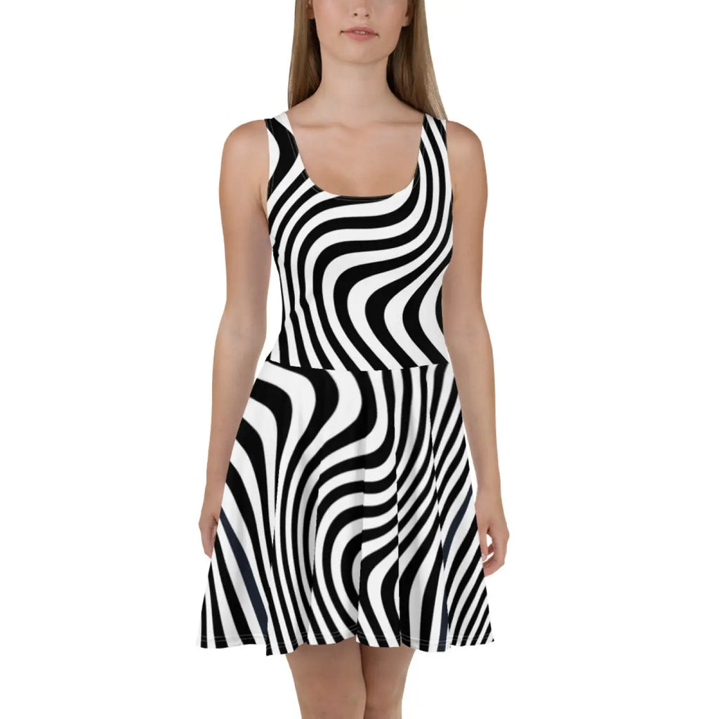 Skater Dress White Wavy Stripes Bold Pattern - DipaliZ