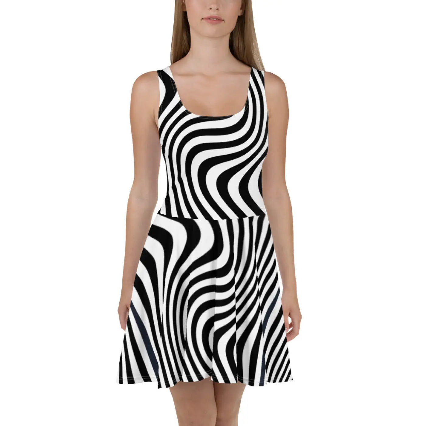 Skater Dress White Wavy Stripes Bold Pattern - DipaliZ