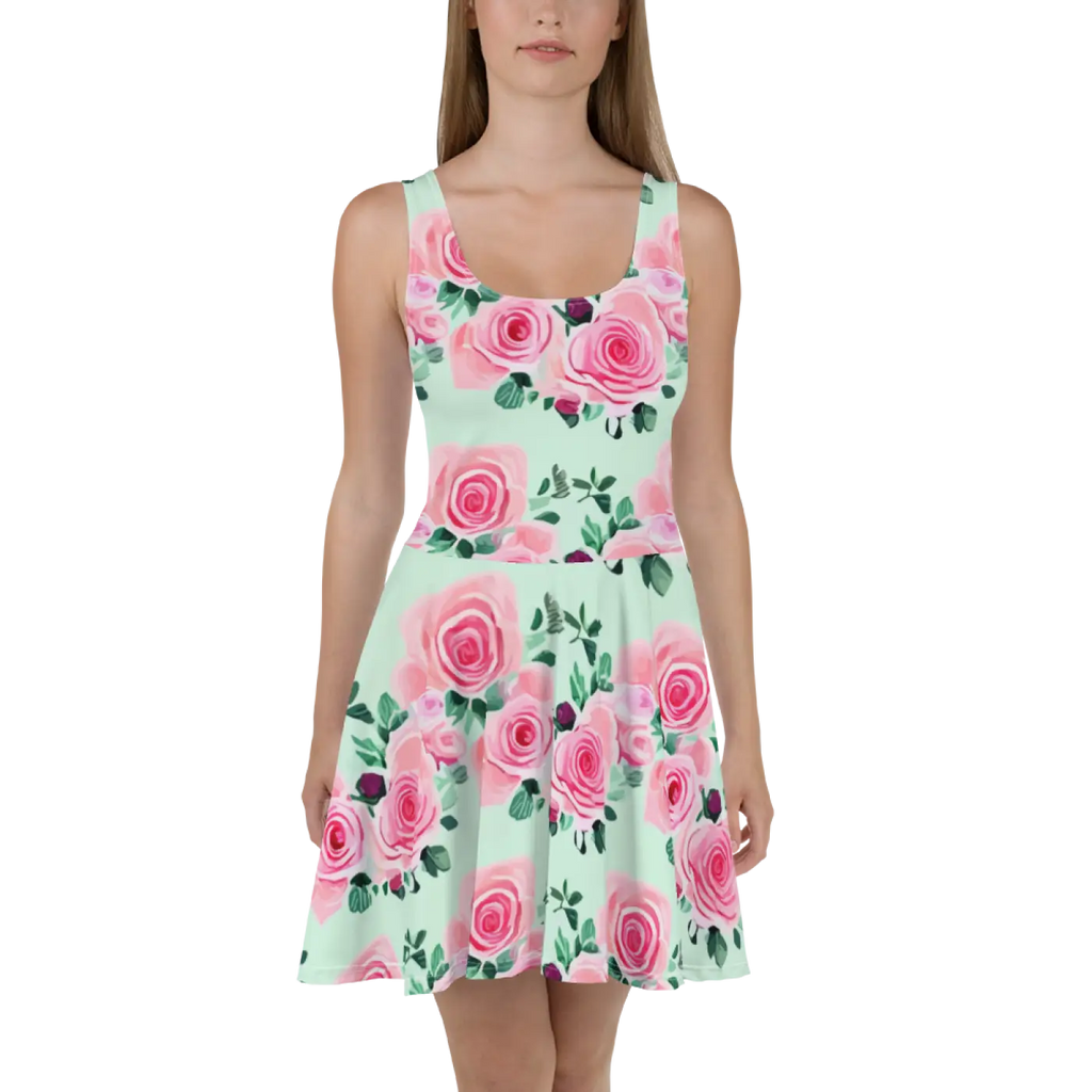 Skater Dress - Pink Pastel Rose Flowers Design - DipaliZ