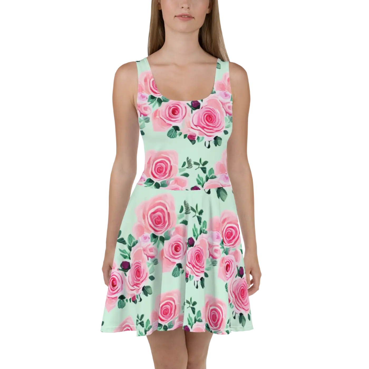 Skater Dress - Pink Pastel Rose Flowers Design - DipaliZ
