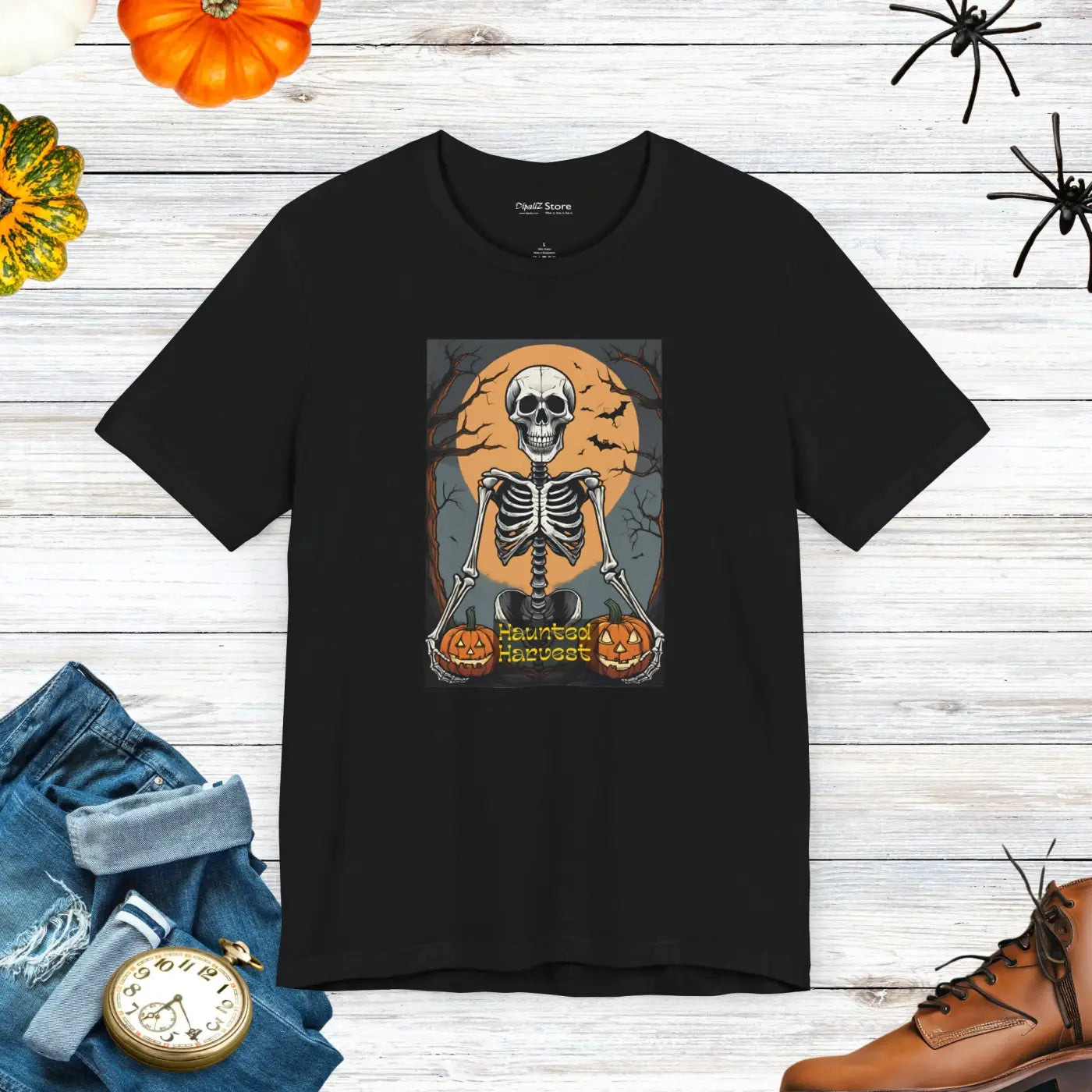 Haunted Harvest Unisex Jersey Tee - Halloween Skeleton Design - DipaliZ