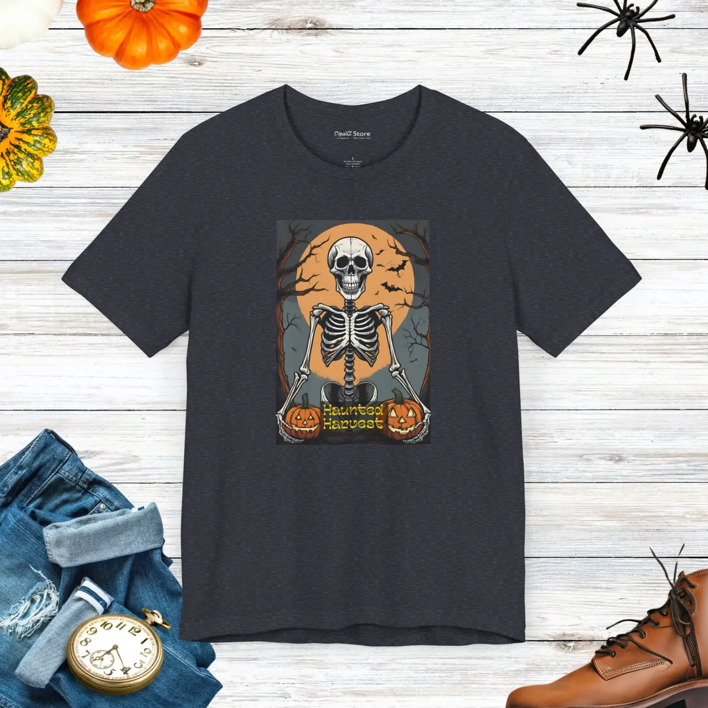 Haunted Harvest Unisex Jersey Tee - Halloween Skeleton Design - DipaliZ