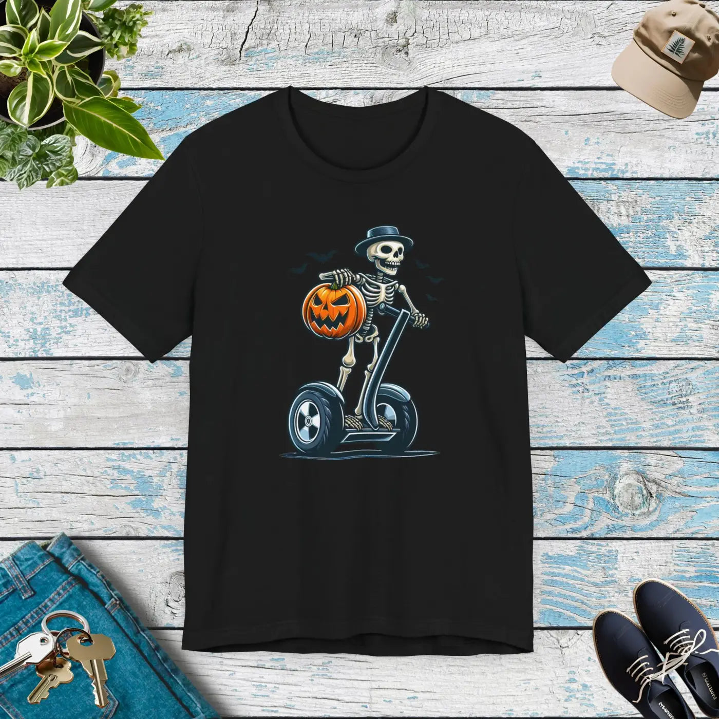 Skeleton Segway Tee - Airlume Combed Halloween Shirt - DipaliZ