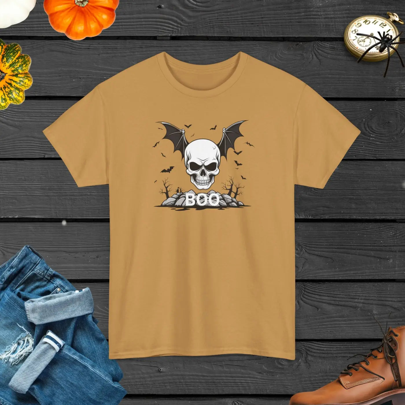 Heavy Cotton Tee - Winged Skull Halloween Design - DipaliZ