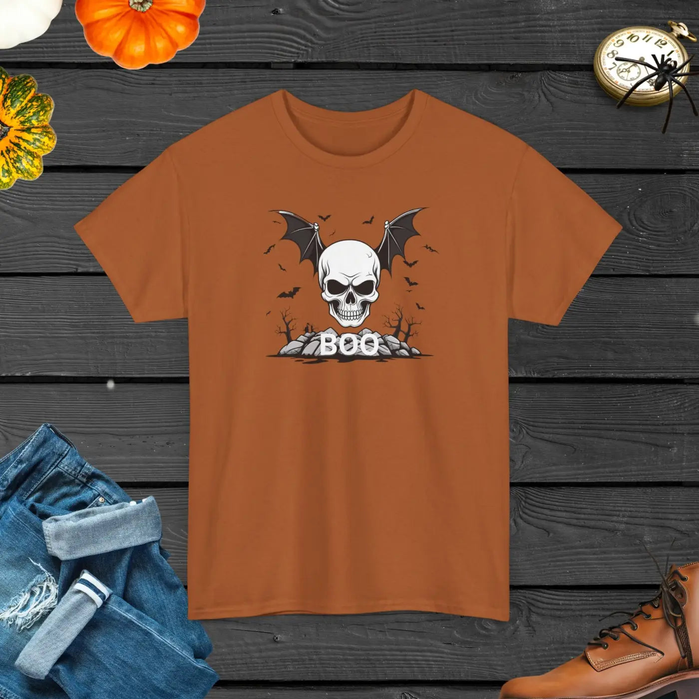 Heavy Cotton Tee - Winged Skull Halloween Design - DipaliZ