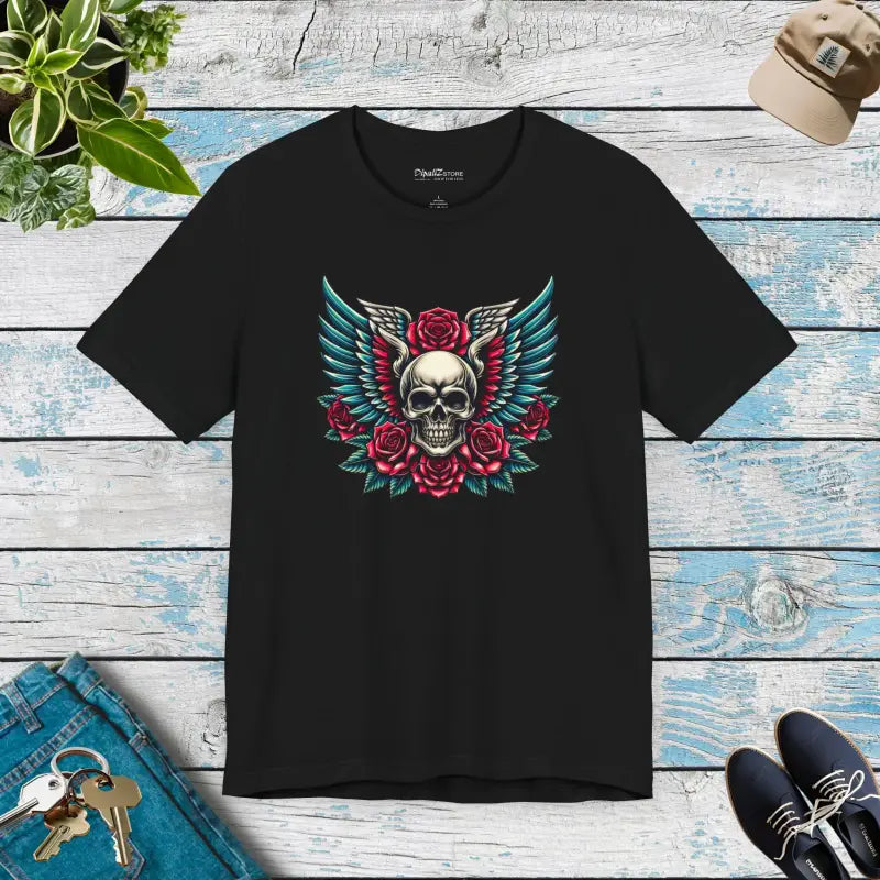 Skull With Wings And Roses Short Sleeve Tee - Halloween - DipaliZ