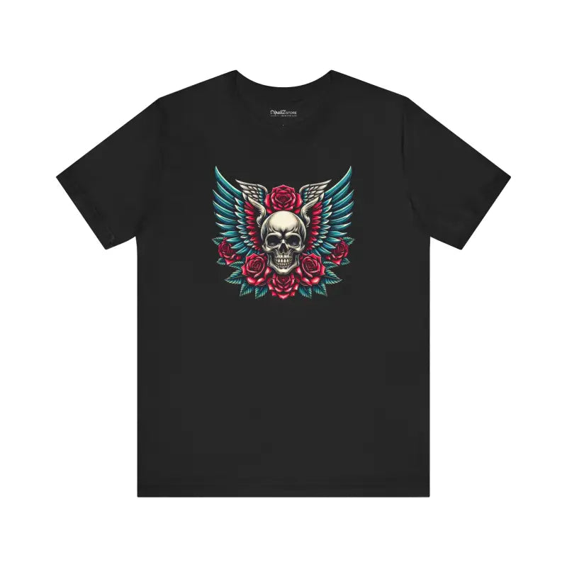 Skull With Wings And Roses Short Sleeve Tee - Halloween - DipaliZ
