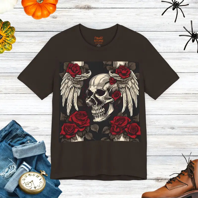 Unisex Jersey Short Sleeve Tee - Skulls Roses Wings Halloween - DipaliZ