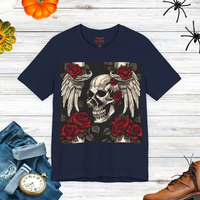Unisex Jersey Short Sleeve Tee - Skulls Roses Wings Halloween - DipaliZ