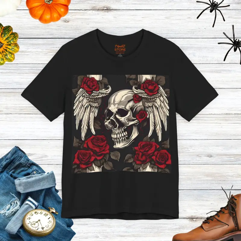 Unisex Jersey Short Sleeve Tee - Skulls Roses Wings Halloween - DipaliZ