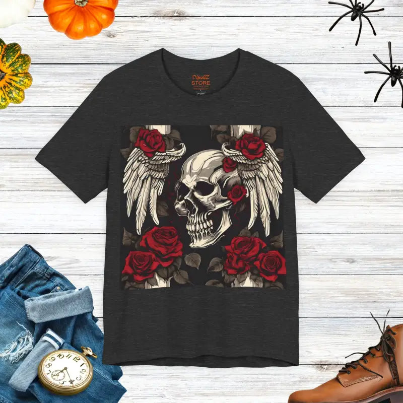 Unisex Jersey Short Sleeve Tee - Skulls Roses Wings Halloween - DipaliZ
