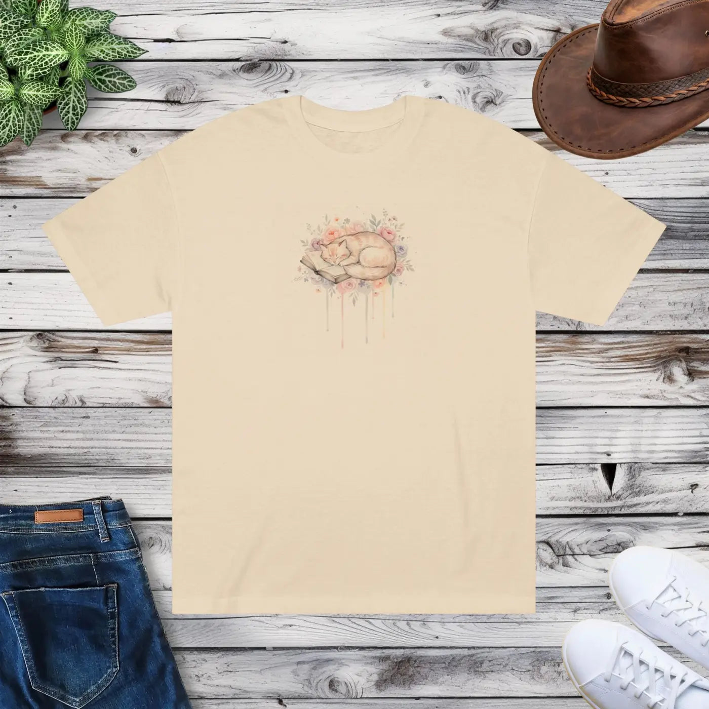 Sleeping Cat Watercolor Tee - Soft Artsy Design - DipaliZ