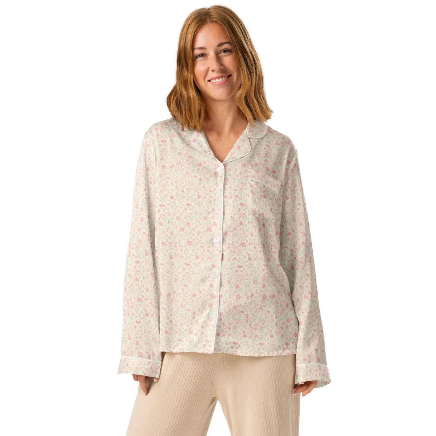 Long Sleeve Pajama Top - Floral Silky Loungewear - DipaliZ