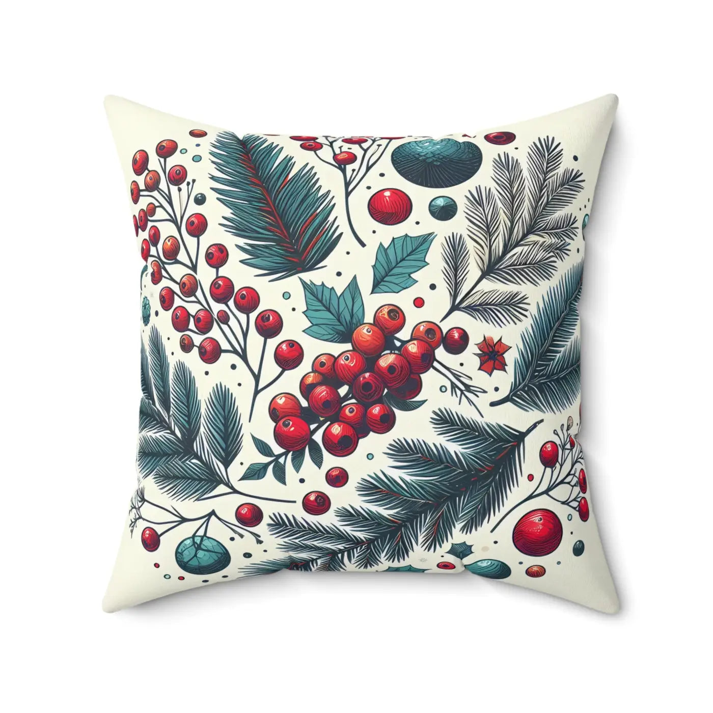Christmas Berries Polyester Square Pillow - Festive Holiday Decor - DipaliZ