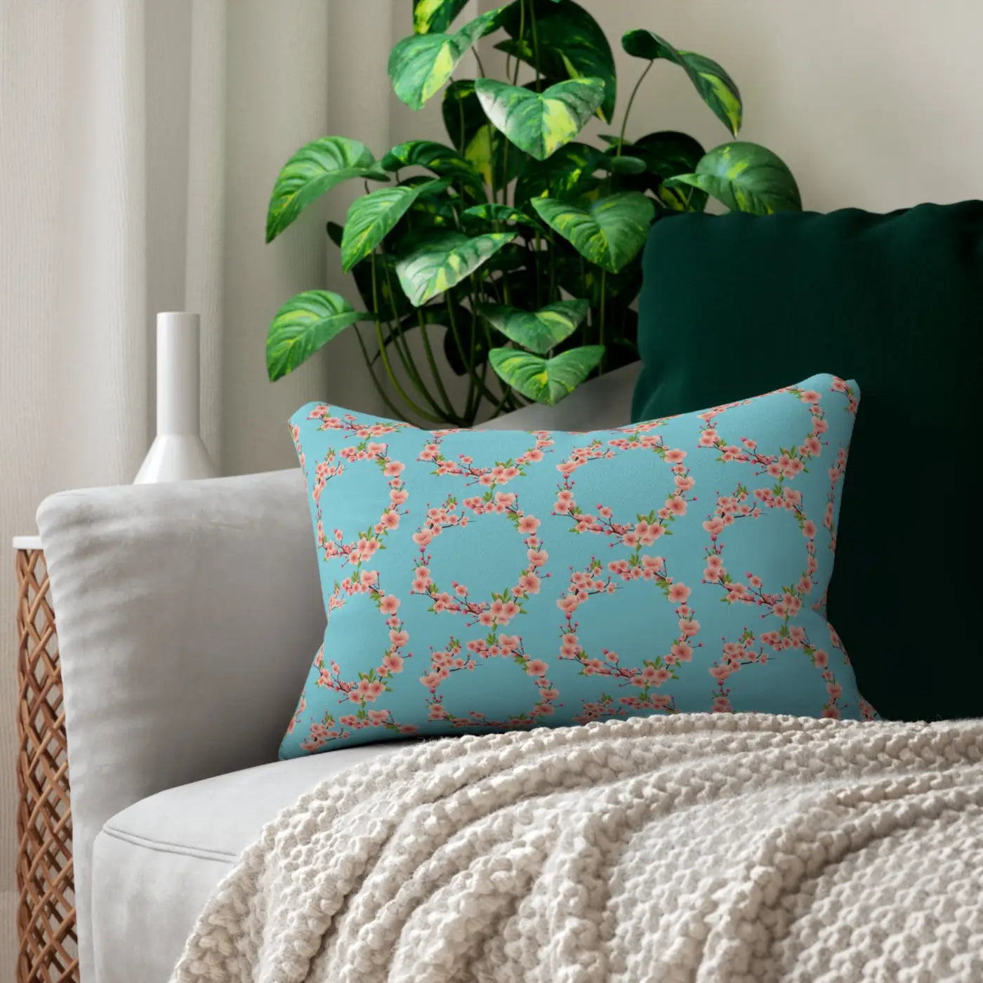 Polyester Lumbar Pillow - Blue Floral Home Decor - DipaliZ