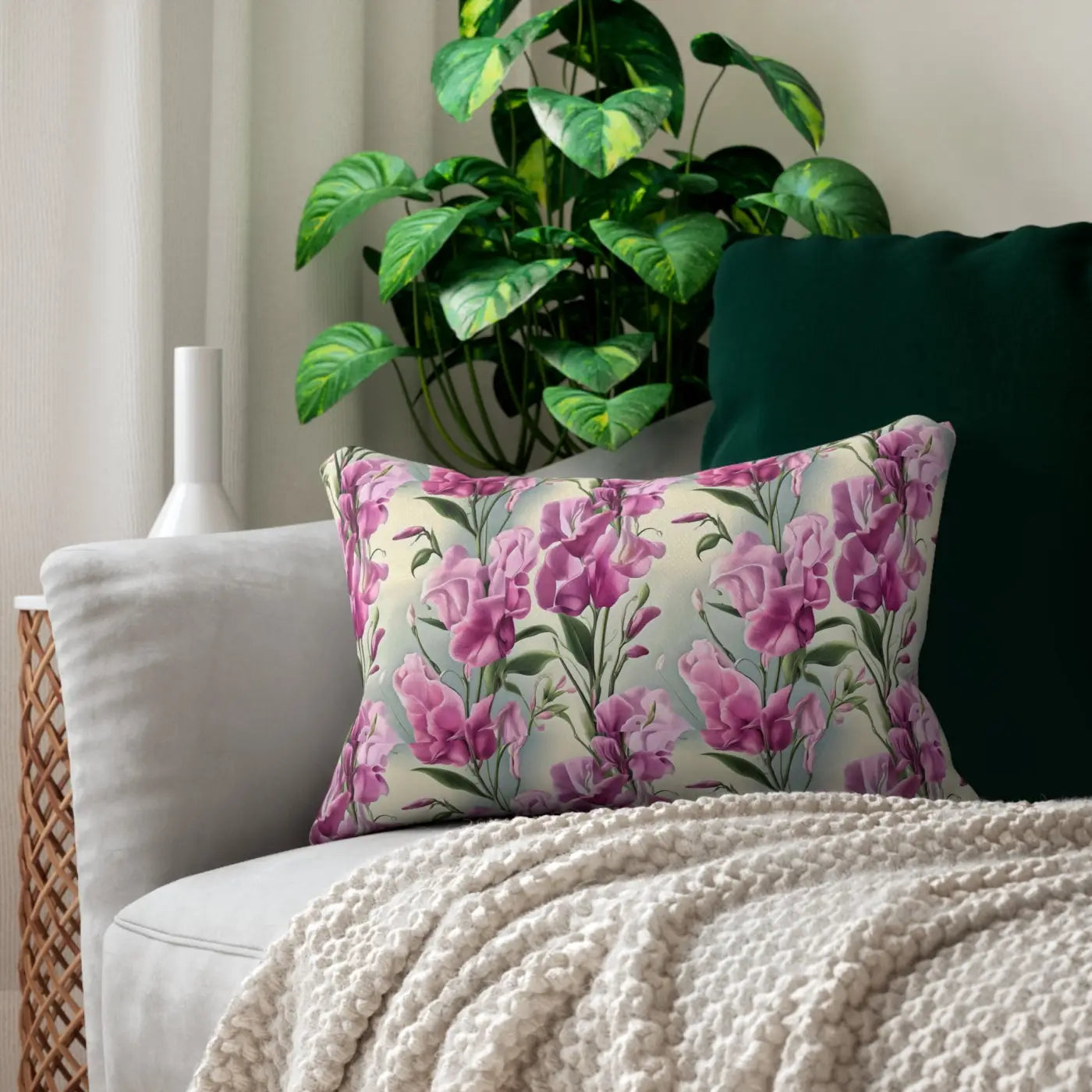 Pink Sweet Pea Flower Polyester Lumbar Pillow - Spun Polyester - DipaliZ