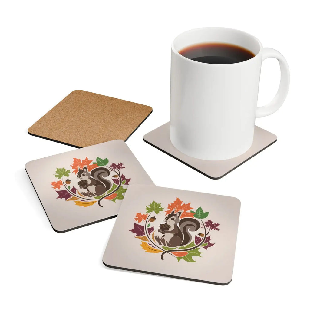 Corkwood Coaster Set - Fall Season Charm with Adorable Squirrel - DipaliZ