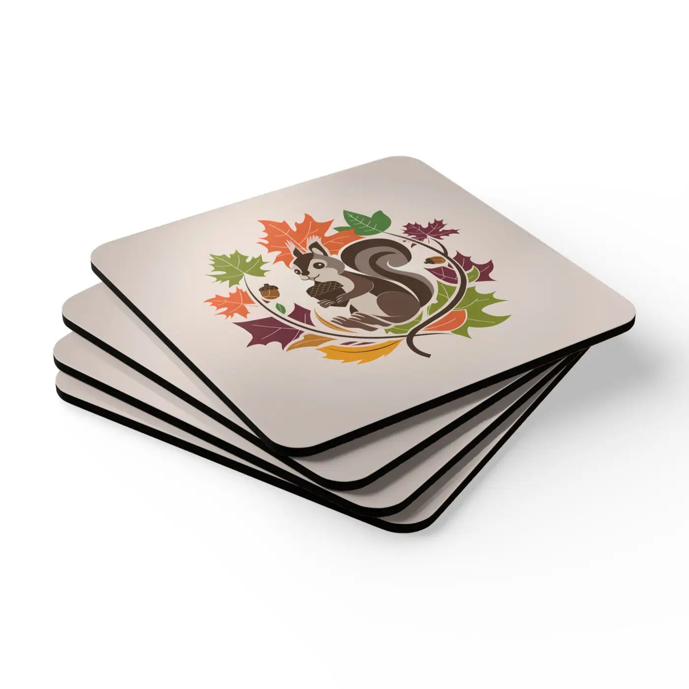 Corkwood Coaster Set - Fall Season Charm with Adorable Squirrel - DipaliZ