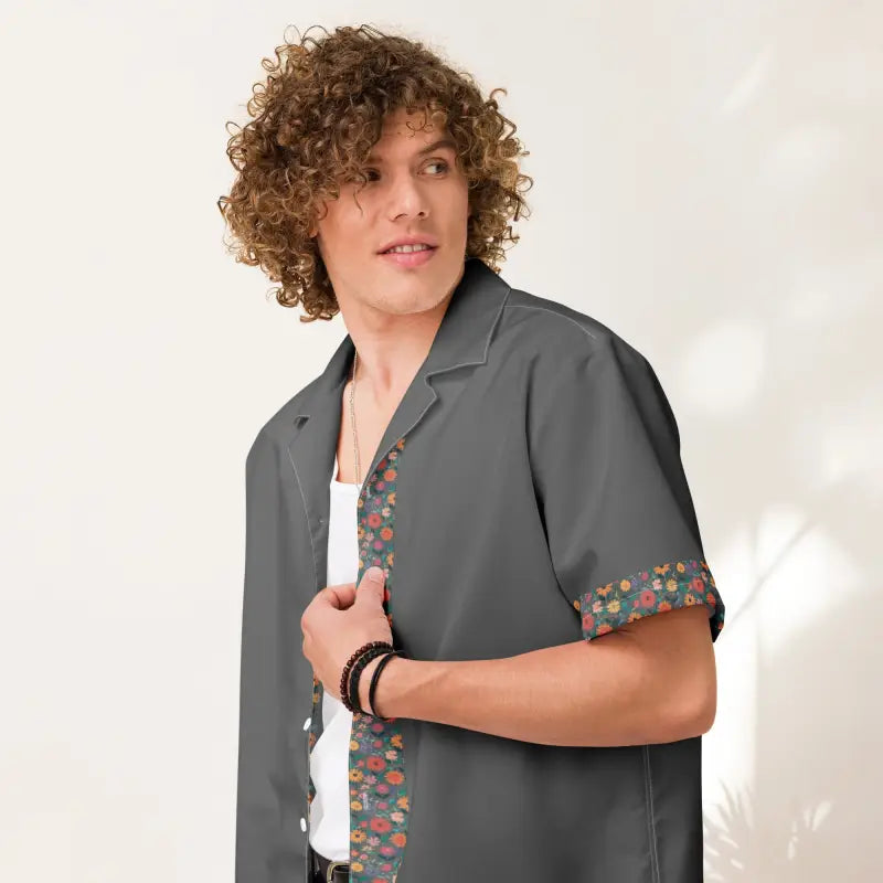 Flowers On Grey Button Shirt - Moisture Wicking Summer - DipaliZ
