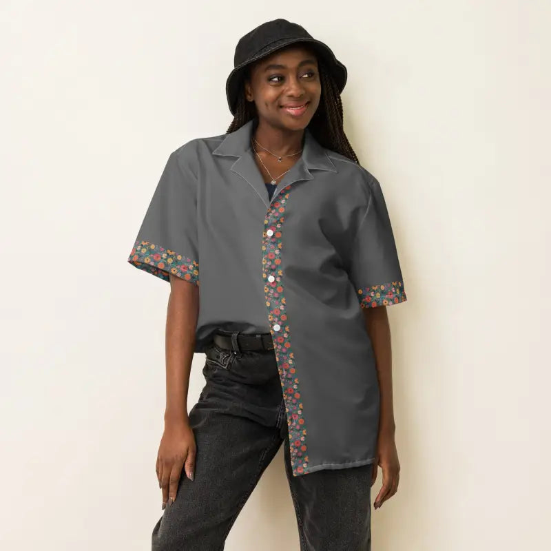 Flowers On Grey Button Shirt - Moisture Wicking Summer - DipaliZ