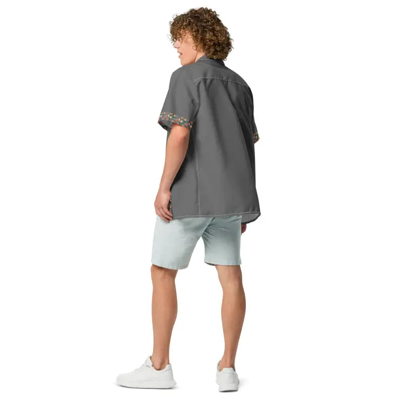 Flowers On Grey Button Shirt - Moisture Wicking Summer - DipaliZ