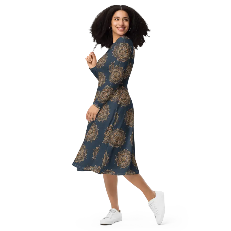 Print Long Sleeve Midi Dress - Artistic Elegance - DipaliZ