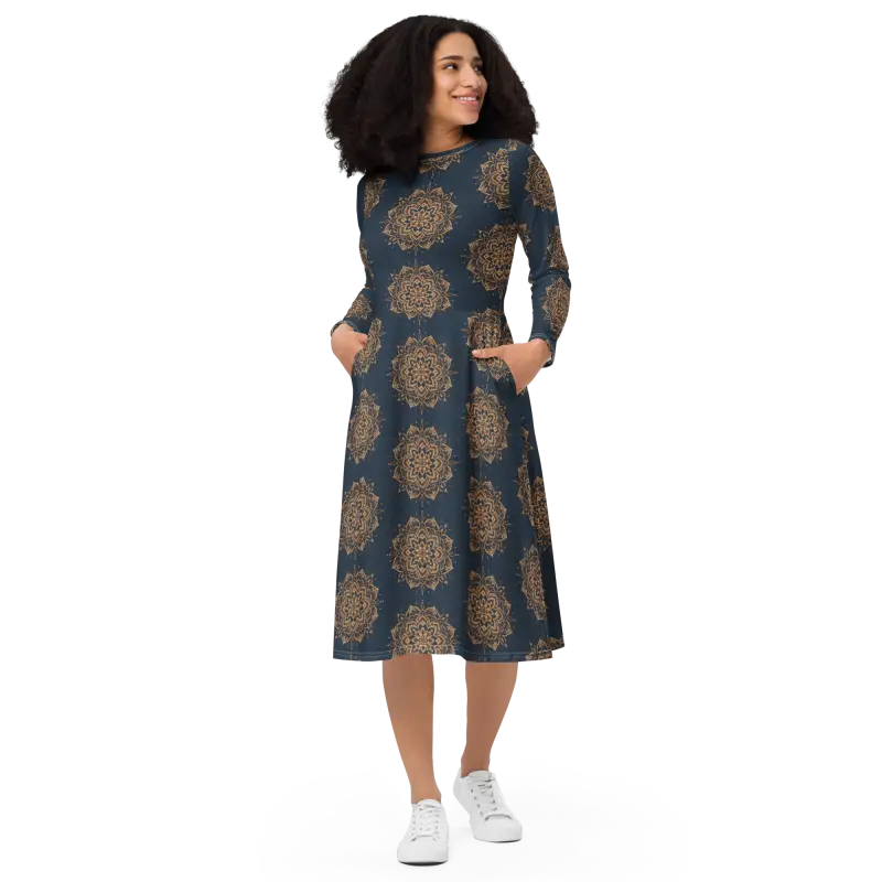 Print Long Sleeve Midi Dress - Artistic Elegance - DipaliZ