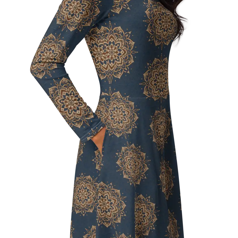 Print Long Sleeve Midi Dress - Artistic Elegance - DipaliZ