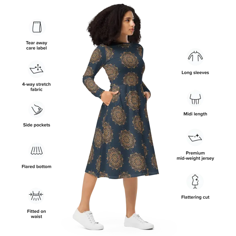 Print Long Sleeve Midi Dress - Artistic Elegance - DipaliZ