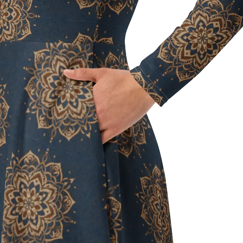 Print Long Sleeve Midi Dress - Artistic Elegance - DipaliZ