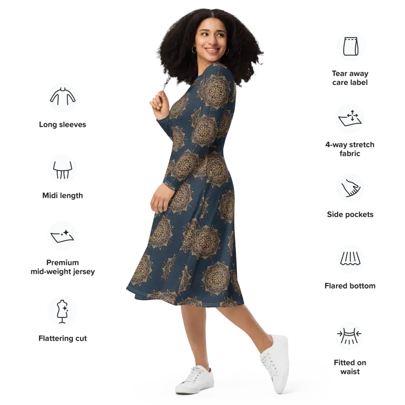 Print Long Sleeve Midi Dress - Artistic Elegance - DipaliZ