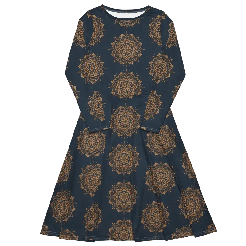 Print Long Sleeve Midi Dress - Artistic Elegance - DipaliZ