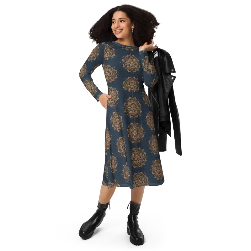 Print Long Sleeve Midi Dress - Artistic Elegance - DipaliZ