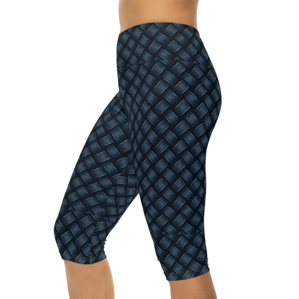 Stylish Navy Blue Capri Leggings - Checkered Print - DipaliZ