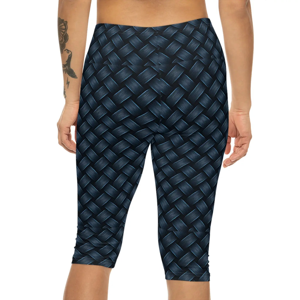 Stylish Navy Blue Capri Leggings - Checkered Print - DipaliZ