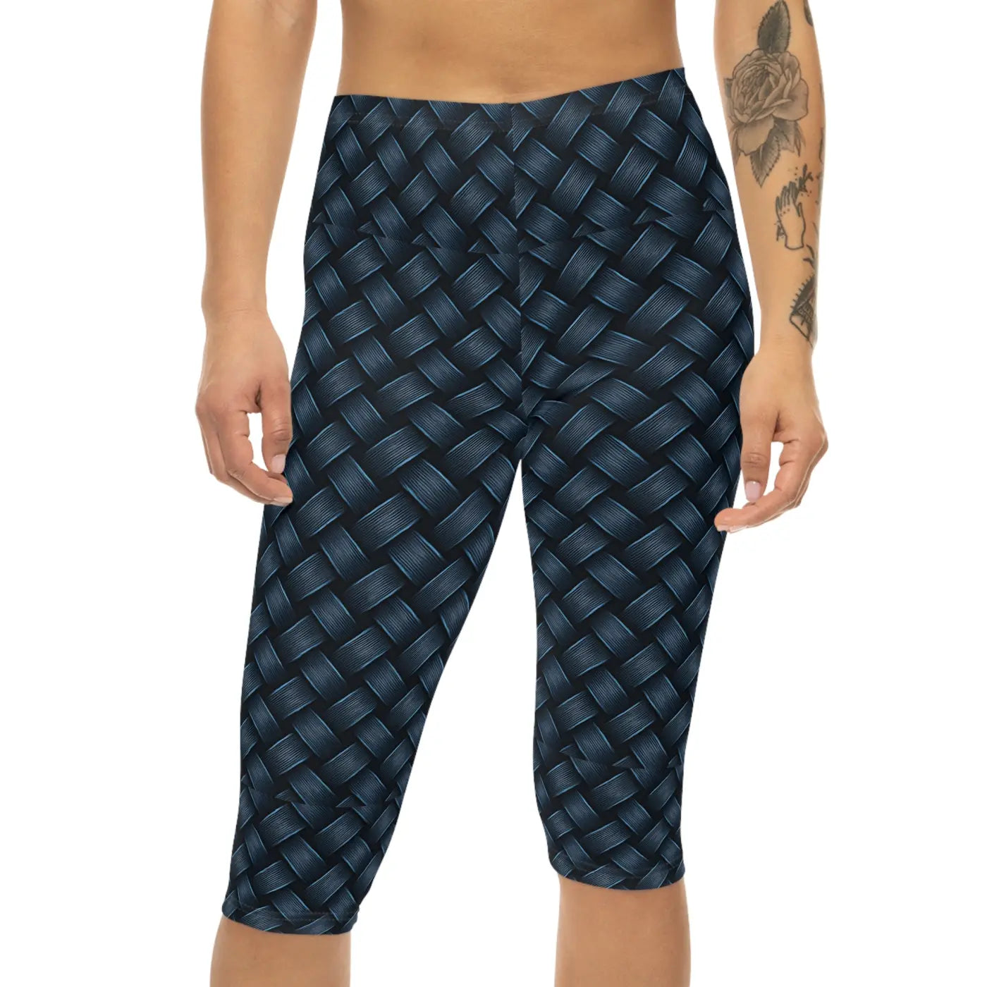 Stylish Navy Blue Capri Leggings - Checkered Print - DipaliZ