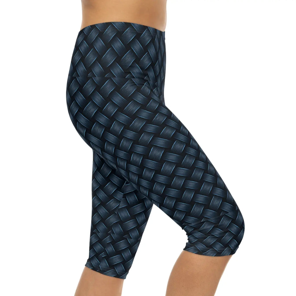 Stylish Navy Blue Capri Leggings - Checkered Print - DipaliZ