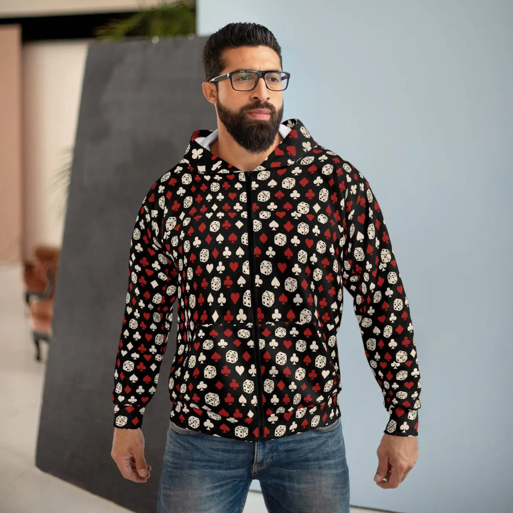 Cozy Black Red Patterned Hoodie - Stylish Unisex Zip - DipaliZ