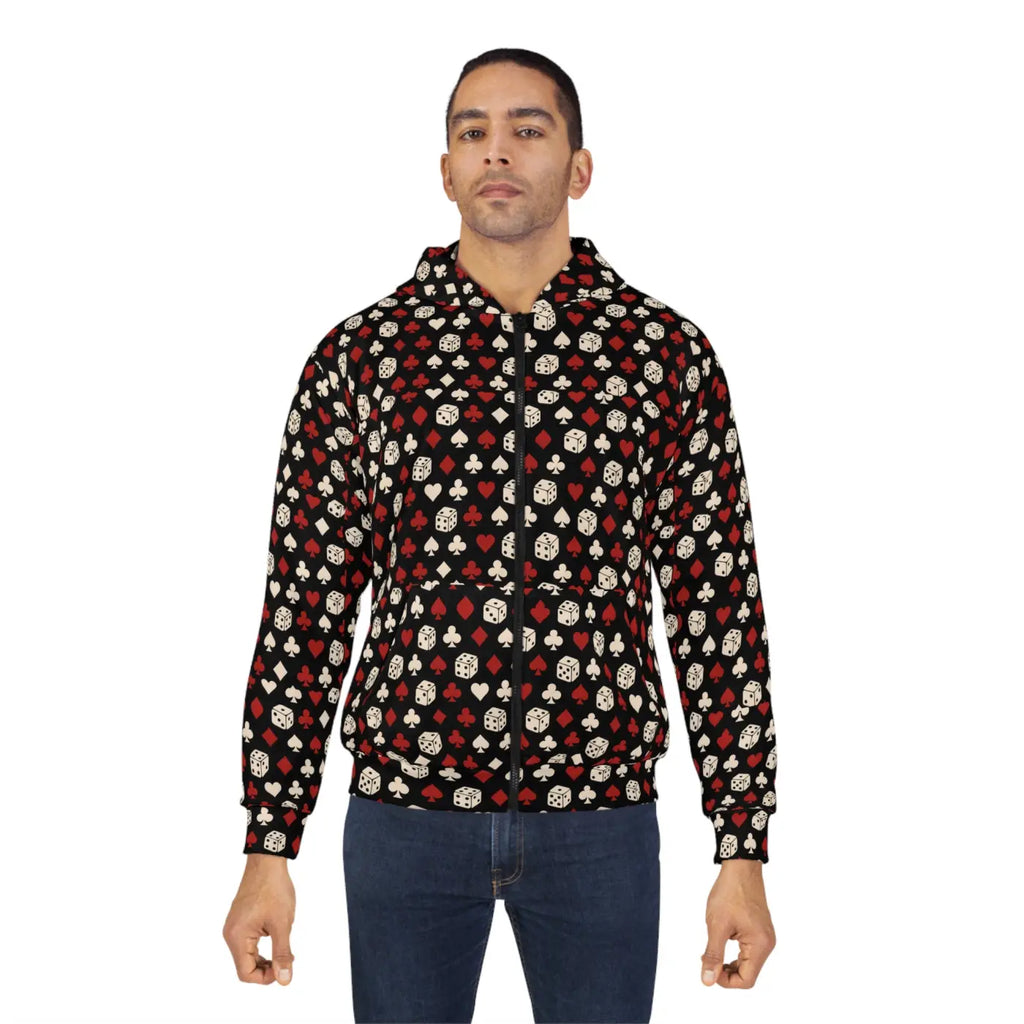 Cozy Black Red Patterned Hoodie - Stylish Unisex Zip - DipaliZ