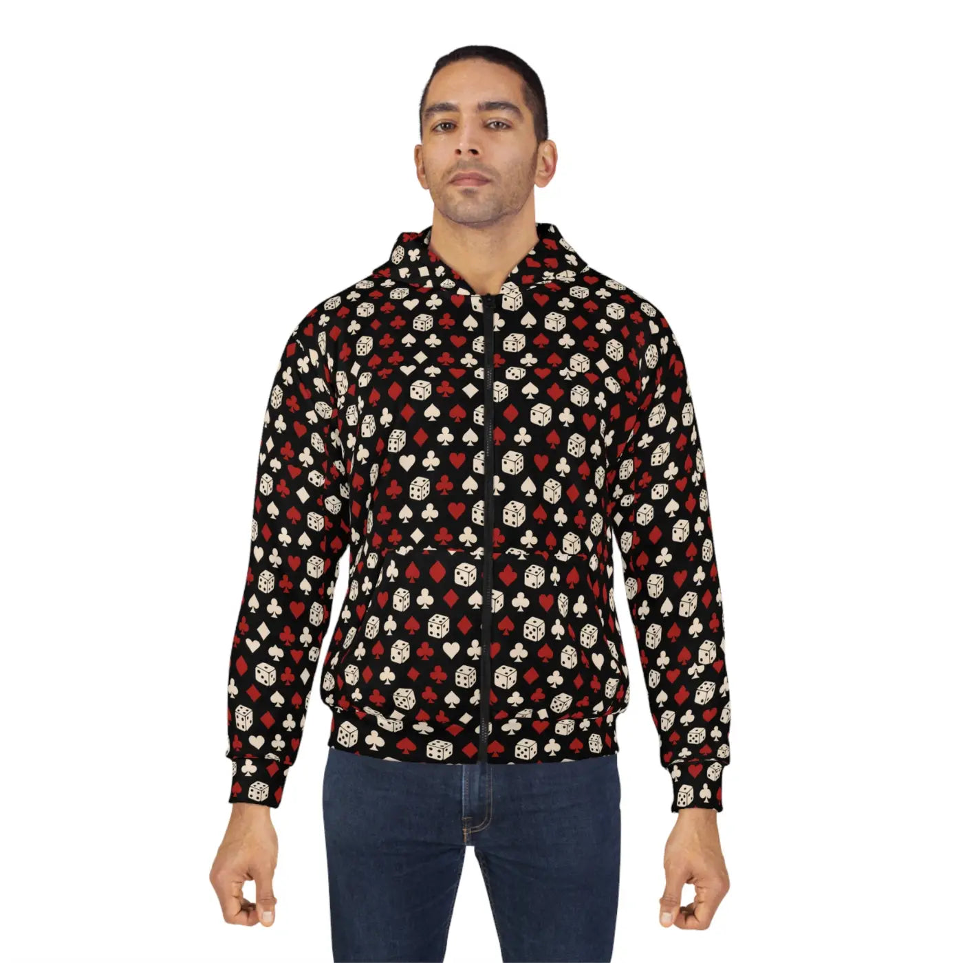 Cozy Black Red Patterned Hoodie - Stylish Unisex Zip - DipaliZ