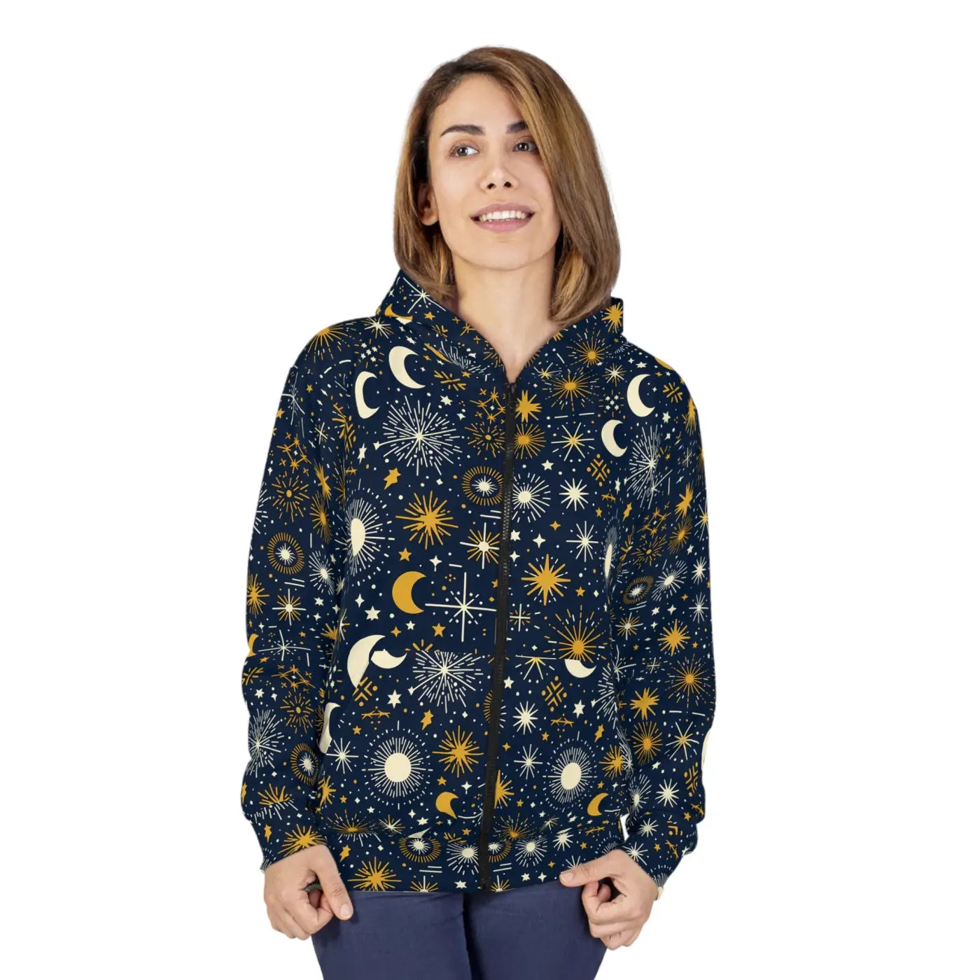 Sun Moon Stars Hoodie - Black Zipper and Roomy Hood - DipaliZ