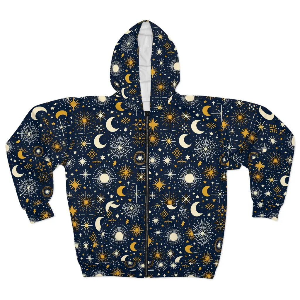 Sun Moon Stars Hoodie - Black Zipper and Roomy Hood - DipaliZ