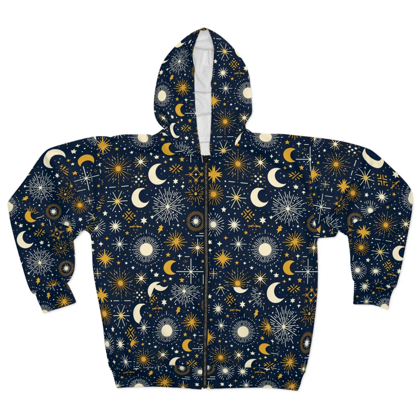 Sun Moon Stars Hoodie - Black Zipper and Roomy Hood - DipaliZ