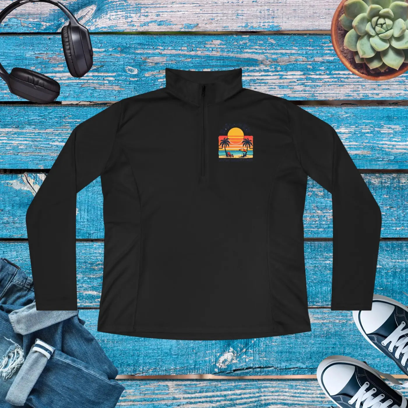 Sunset Palm Ladies Quarter-Zip Pullover - Casual Comfort - DipaliZ