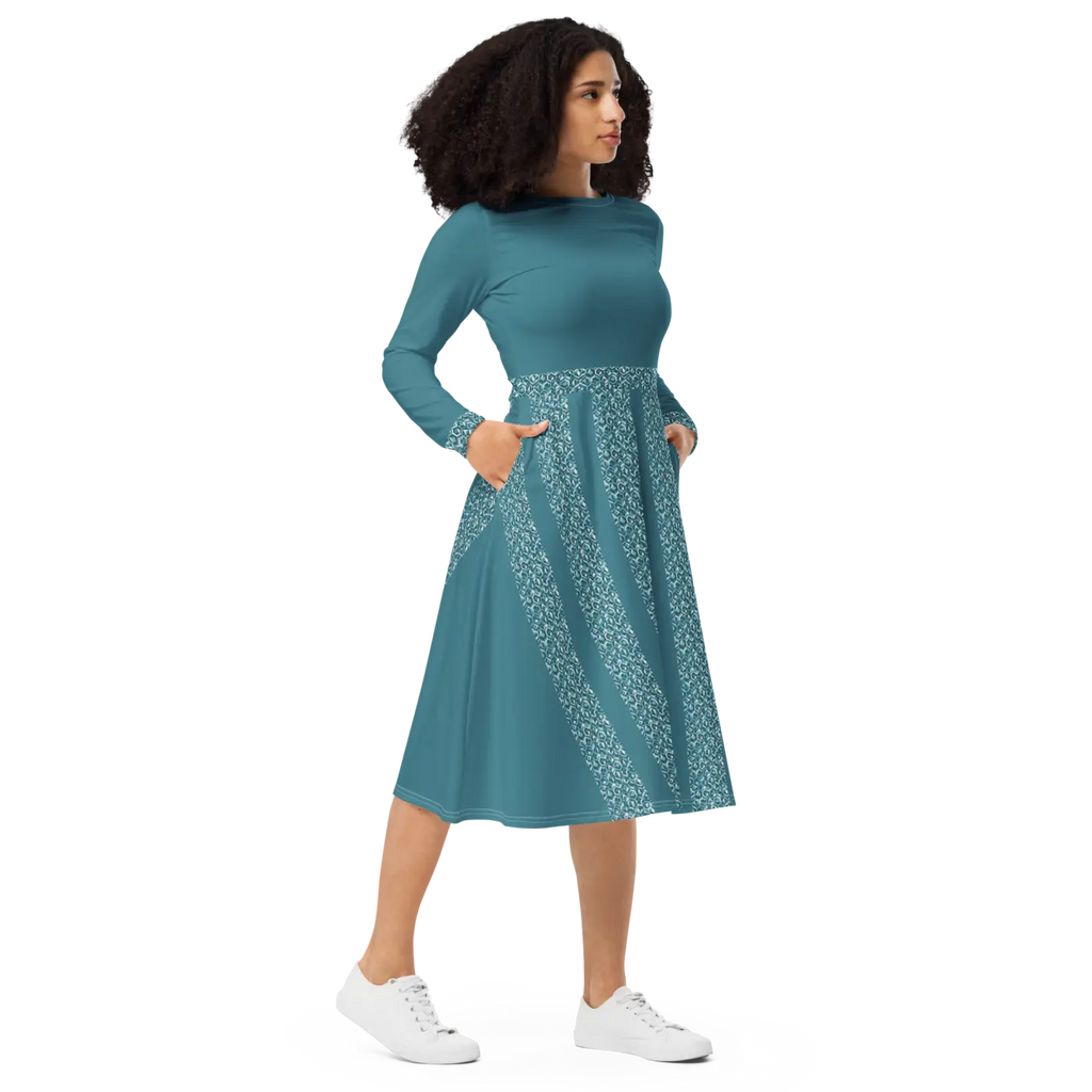Teal Printed Long Sleeve Midi Dress - Statement Style - DipaliZ